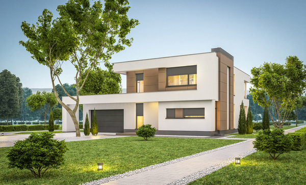 Modernes Wohnhaus in der Dämmerung mit heruntergelassenen Rollläden
